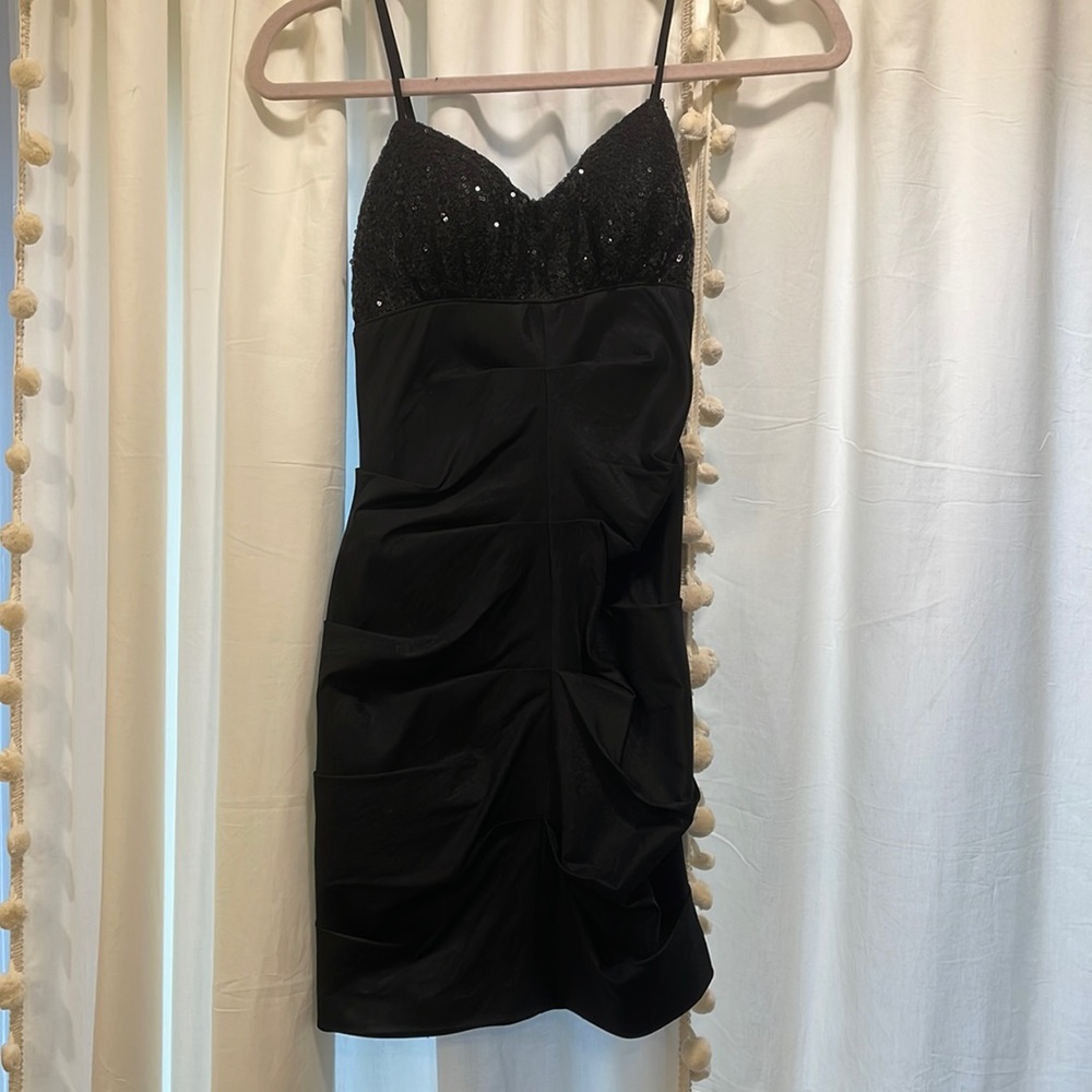 Black Sequin Top & Ruched Bottom Mini Dress